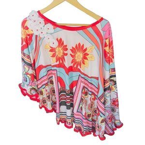 WANDA BEAUCHAMP Asian Floral Embellished Asymmetrical Hem One Sleeve Poncho Blou